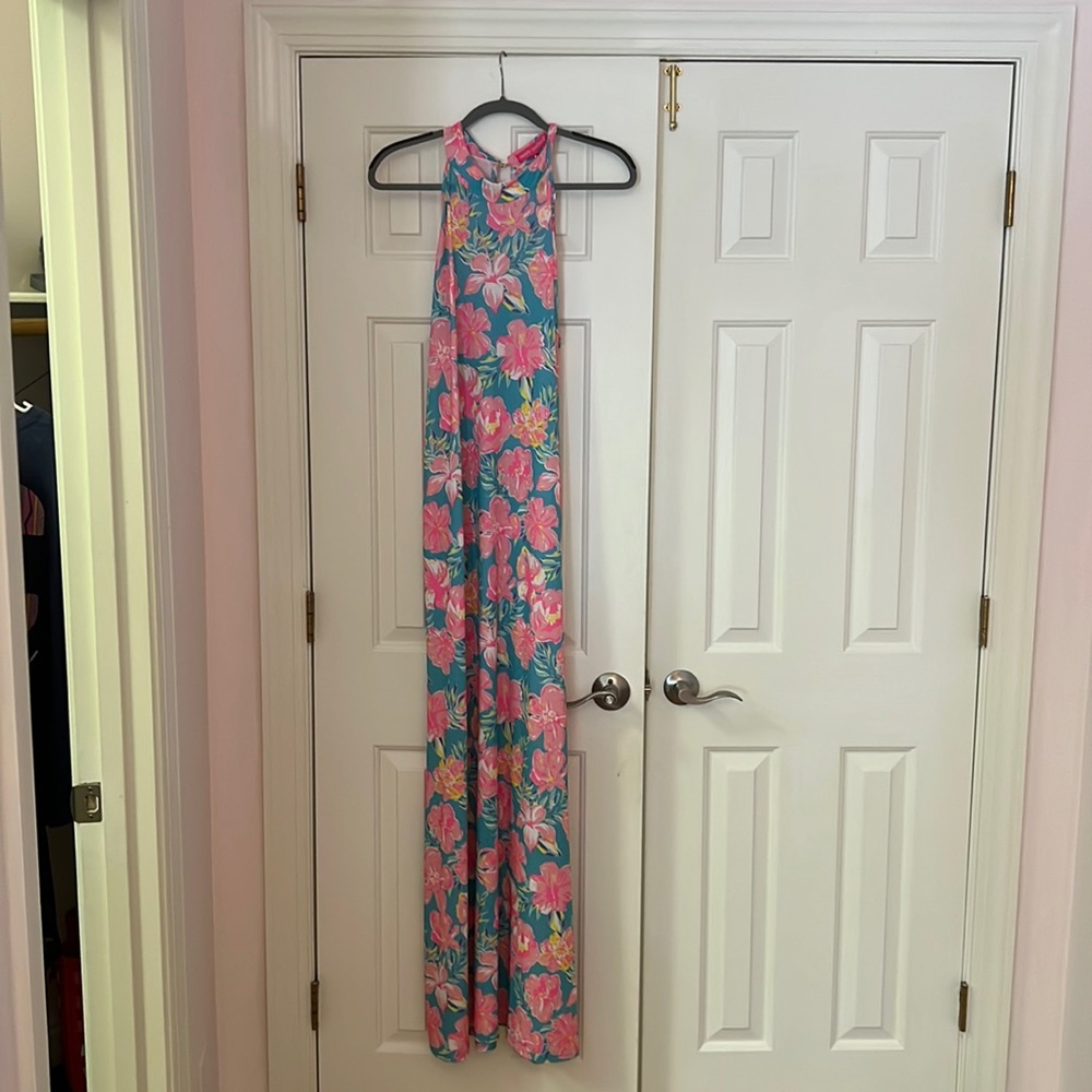 Simply Southern Teal Maxi Dress with Pink Floral Print